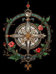 Crown and Compass Rose art nouveau illustration