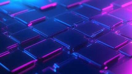 Obraz premium Futuristic abstract 3D render of illuminated glass squares with blue and pink neon lights creating a modern digital texture.