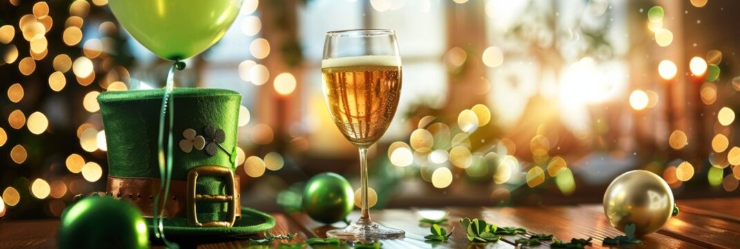 Patrick's Day with a table set with clover leaves, a whimsical leprechaun's hat, cheerful balloons