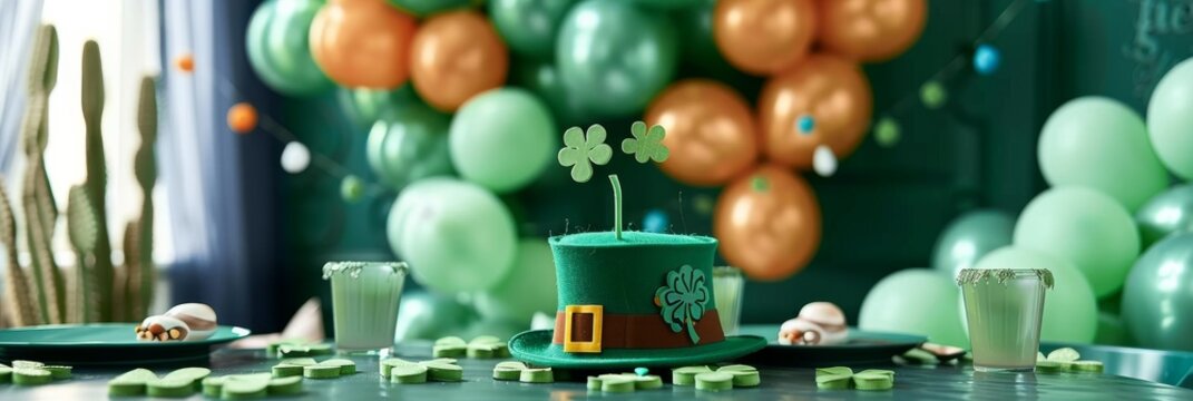 Patrick's Day with a table set with clover leaves, a whimsical leprechaun's hat, cheerful balloons