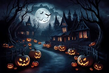 Halloween scene with pumpkins bats and a full moon in the background