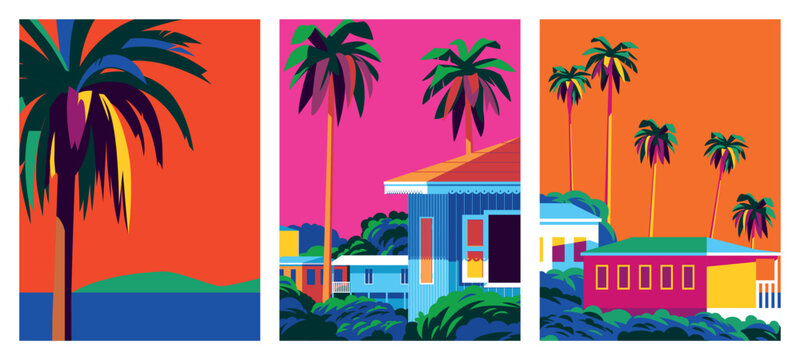 Set of travel posters. 3 beautiful caribbean landscapes with bungalows, palms and the sea in the background. Handmade drawing vector illustration. Caribbean style poster.