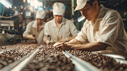 Three workers in white uniforms carefully inspect and sort brown beans on a conveyor belt in a factory setting.