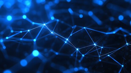 Futuristic digital network with connecting blue nodes and lines, representing technology and data communication.