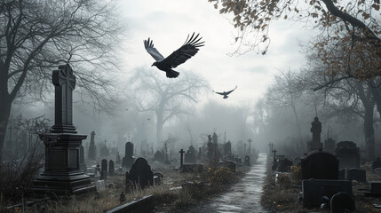 birds flying over a foggy cemetery