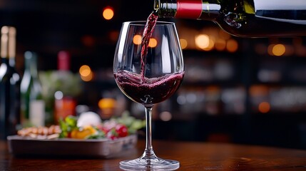 A rich red wine poured elegantly into a glass, set against a blurred background of bottles and a wooden table.