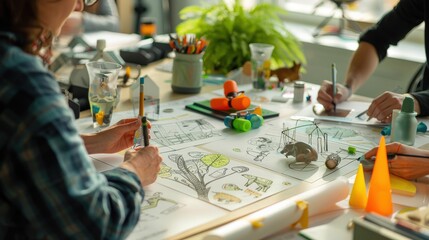 Two people drawing and painting together at a table filled with art supplies.  A creative and collaborative atmosphere.