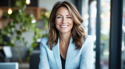 Fototapeta premium A Woman in a Blue Blazer Smiles at the Camera in a Cafe