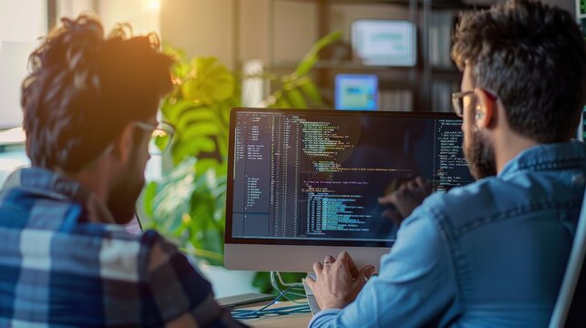 Two programmers working together on a computer, collaborating on a coding project.  Sunlight streams in from a window.