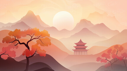 Chinese painting of landscape of a town on water