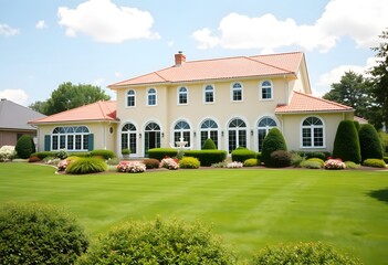A large two-story house with a red roof, white siding, and blue windows set against a lush green lawn with a small tree in the foreground