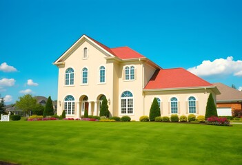 A large two-story house with a red roof, white siding, and blue windows set against a lush green lawn with a small tree in the foreground