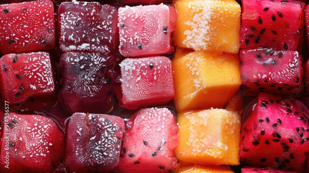 Poster A close-up of colorful dragon fruit and mango ice cubes