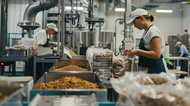 Two workers package dried food products in a factory setting.