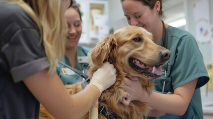 Veterinarians examine a golden retriever at a veterinary clinic.  The dog appears happy and relaxed.