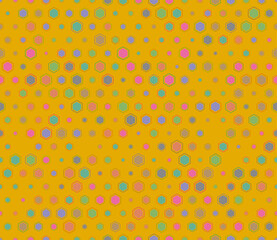 Honeycomb hexagon cells background. Multicolored geometric elements of varied size. Rounded hexagons mosaic cells with padding and inner solid cells. Honeycomb geometric shapes. Tileable pattern.