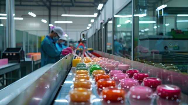 Workers in a factory inspect colorful candies on a conveyor belt.