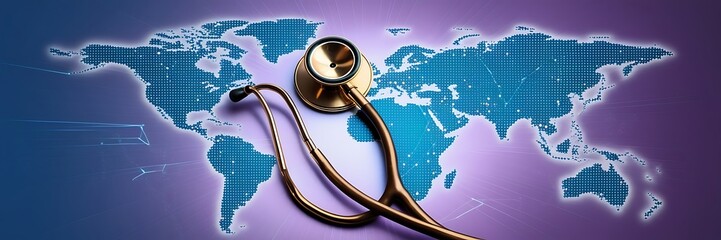 Global Healthcare Services Concept - Stethoscope on World Map. summer beach vacation or a business trip. Health and safety