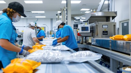 Workers in a factory wearing face masks and gloves package products on an assembly line.