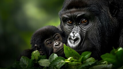 Obraz premium A tender moment shared between a mother gorilla and her baby, surrounded by lush green foliage in their natural habitat.