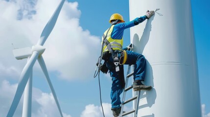 A worker climbs a ladder to inspect and maintain a wind turbine under a sunny sky