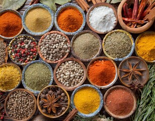 Fototapeta premium Colorful Spice Background with Variety of Spices in Bowls