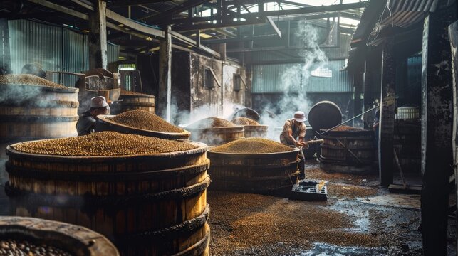 Workers in a traditional distillery, steam rising from large wooden vats.