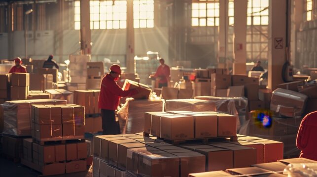 Workers in a warehouse, loading boxes with a ray of sunlight streaming through the window.