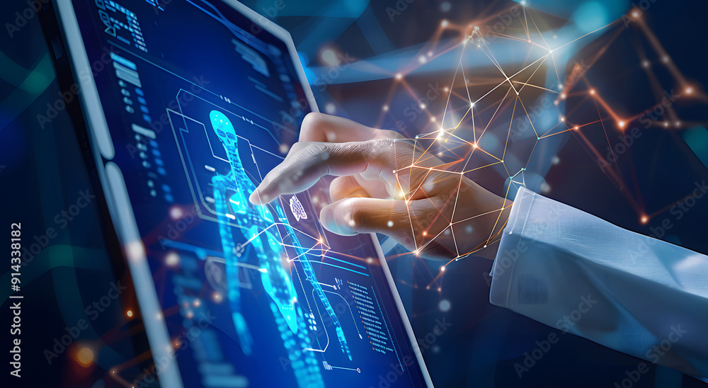 Poster machine learning, hands of robots and humans touching on big data network connection background, sci