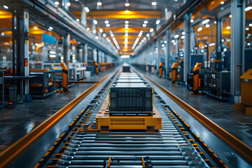 Fototapeta premium A close-up of a black container being transported on a yellow conveyor belt in a large industrial factory.