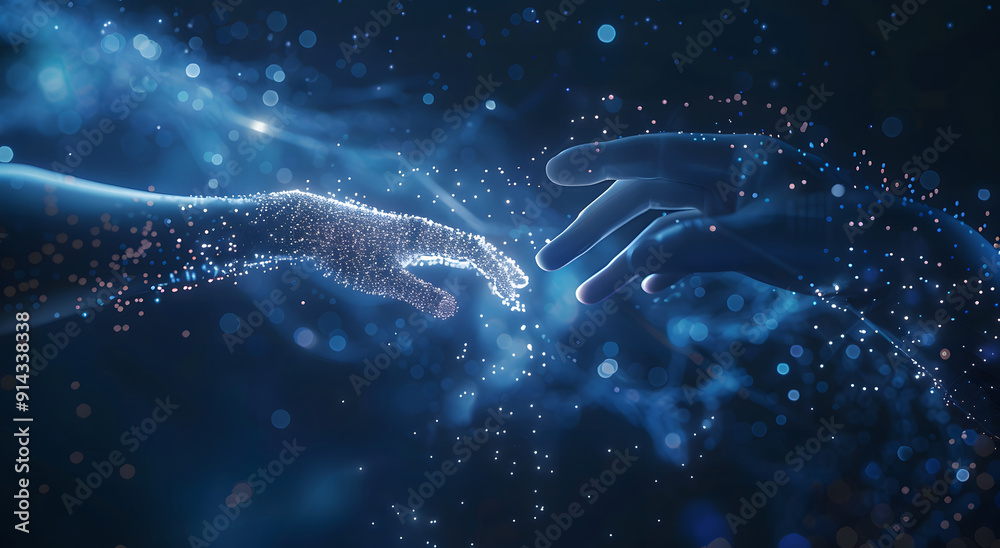 Poster machine learning, hands of robots and humans touching on big data network connection background, sci