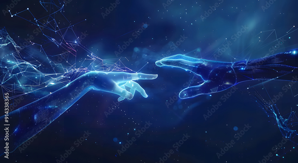 Poster machine learning, hands of robots and humans touching on big data network connection background, sci