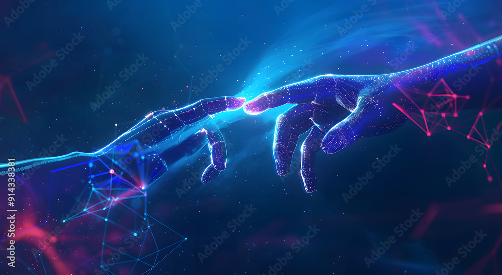 Poster machine learning, hands of robots and humans touching on big data network connection background, sci