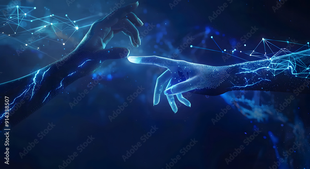 Poster machine learning, hands of robots and humans touching on big data network connection background, sci