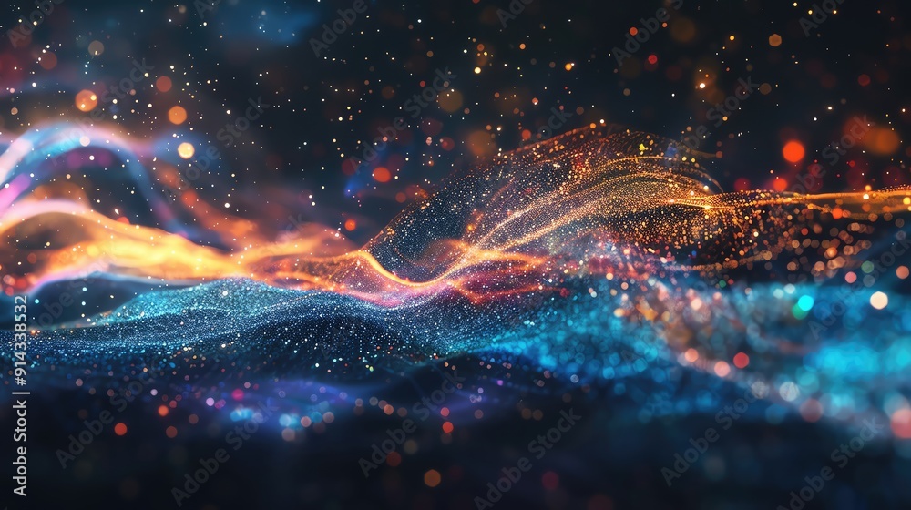 Poster abstract wave pattern with vibrant colors and glowing particles, creating a mesmerizing visual effec