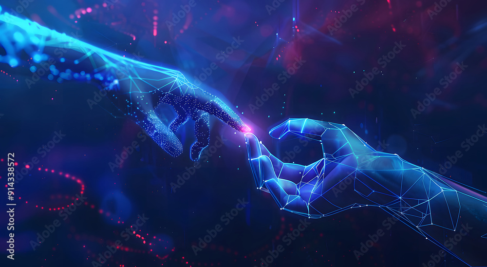 Poster machine learning, hands of robots and humans touching on big data network connection background, sci