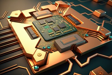 Close-up of a gold circuit board with a green chip.