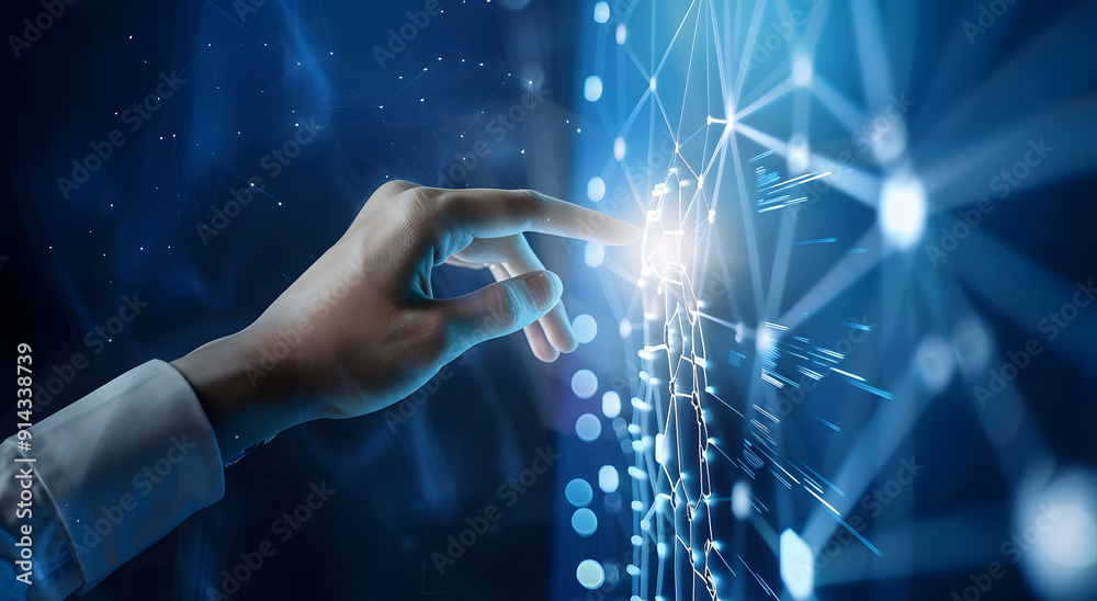 Poster machine learning, hands of robots and humans touching on big data network connection background, sci