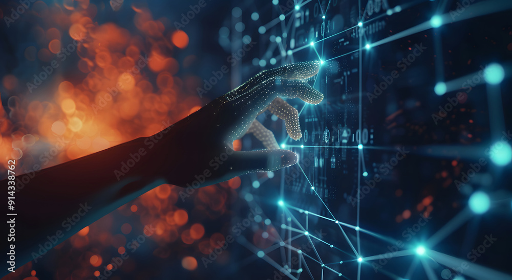 Poster machine learning, hands of robots and humans touching on big data network connection background, sci