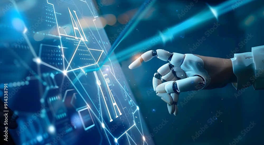Poster machine learning, hands of robots and humans touching on big data network connection background, sci