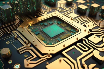 Closeup of a gold circuit board with a green chip in the center.