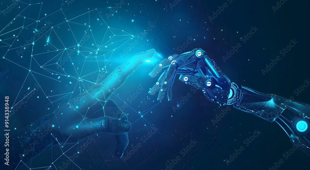 Poster machine learning, hands of robots and humans touching on big data network connection background, sci