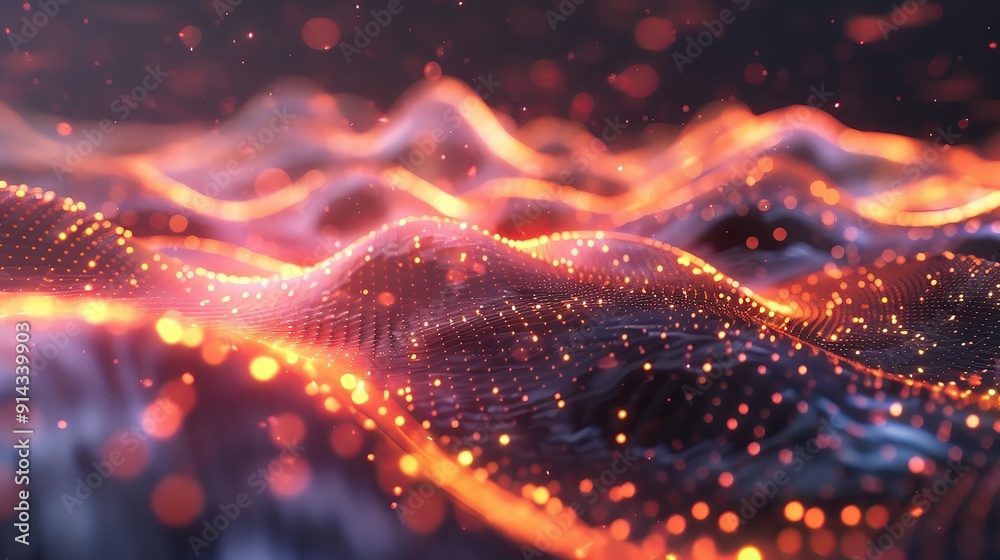 Poster vivid abstract surface with glowing particles, creating a mesmerizing wave effect in a dark setting.
