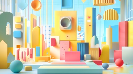 Abstract colorful geometric shapes form a city landscape. Vibrant colors and playful forms create a whimsical and modern scene.