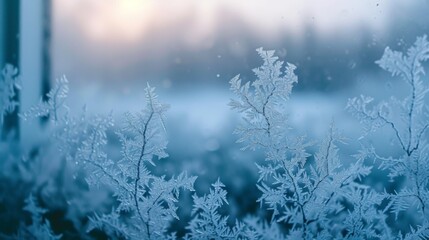 Winter-themed background with frost patterns on a window or surface