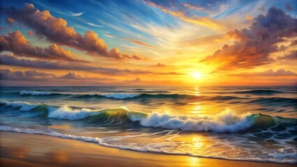 Fototapeta premium Golden Hour Symphony: A Tapestry of Hues on the Coastal Horizon Generative AI