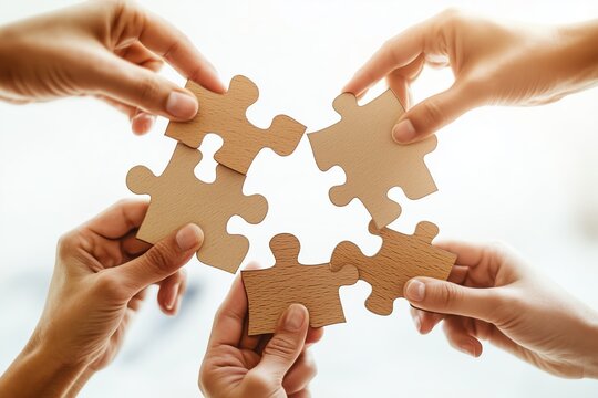 Collaborative Group Activity Assembling Wooden Puzzle Pieces During Afternoon Gathering