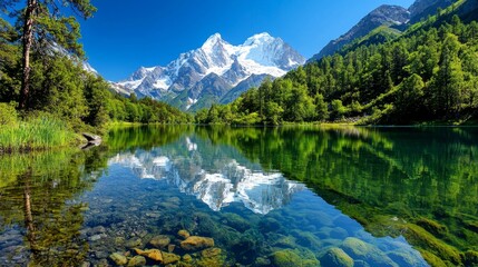 Breathtaking mountain landscape reflecting in a serene lake, surrounded by lush greenery and clear blue skies.