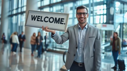 The man holding welcome sign