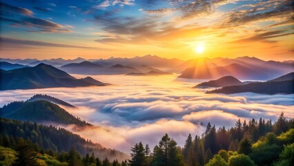 Obraz premium A Symphony of Hues: A Serene Sunset Over a Misty Mountain Range AI generated